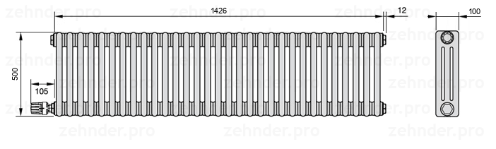 Схема (чертеж) Радиатор Zehnder Charleston 3050/31 №V003 Белый глянцевый RAL 9016